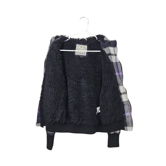Y2K Fox Rider Faux Fur Lined Plaid Hoodie Jacket Purple/Black Size Medium - Picture 3 of 10